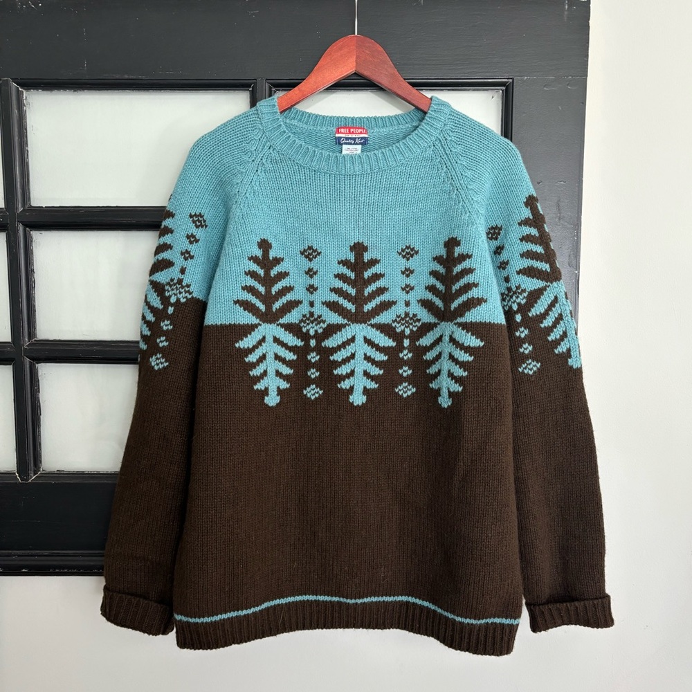 Free People Teal and Brown Fair Isle Crewneck Sweater
